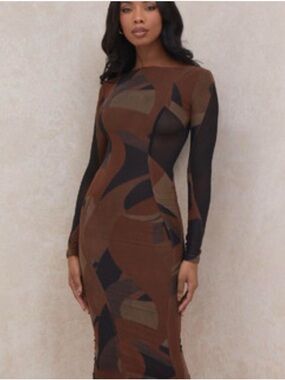 House of CB Brown Abstract Long Sleeve Bodycon Dress